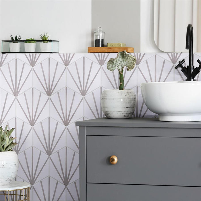 SomerTile - Horizon Collection -  7 3/4 in. x 9 in. - Hexagon Porcelain Tile - Dawn Gris Room Scene