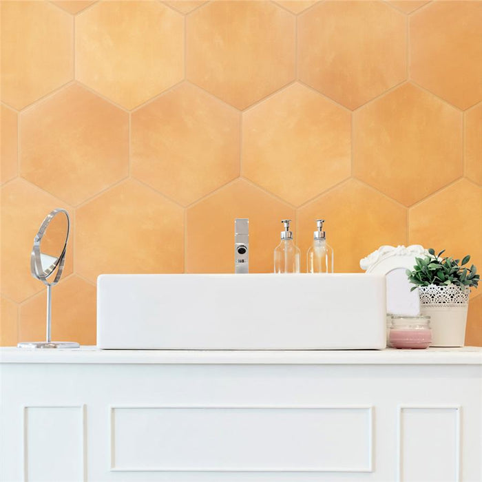 SomerTile - Horizon Collection -  7 3/4 in. x 9 in. - Hexagon Porcelain Tile - Mostaza Room scene
