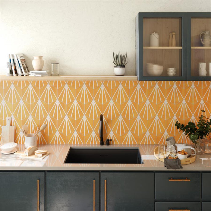 SomerTile - Horizon Collection -  7 3/4 in. x 9 in. - Hexagon Porcelain Tile - Dusk Mostaza Room Scene 2