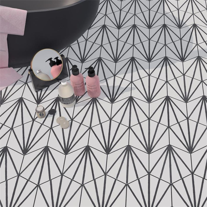 SomerTile - Horizon Collection -  7 3/4 in. x 9 in. - Hexagon Porcelain Tile - Dawn Nero Room Scene
