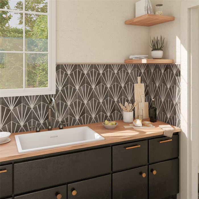 SomerTile - Horizon Collection -  7 3/4 in. x 9 in. - Hexagon Porcelain Tile - Dusk Nero Room Scene