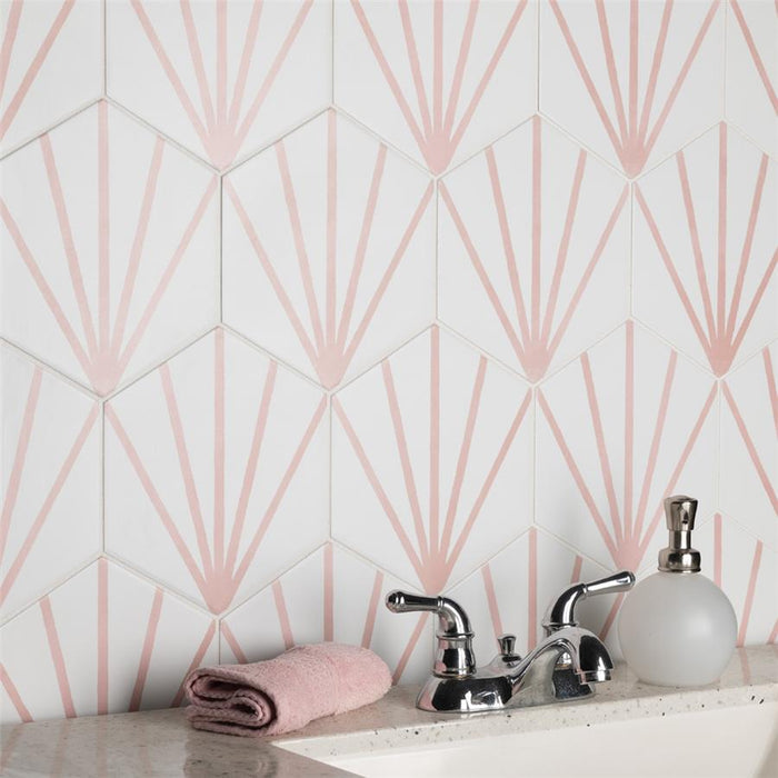 SomerTile - Horizon Collection -  7 3/4 in. x 9 in. - Hexagon Porcelain Tile - Dawn Rosa Room SCene