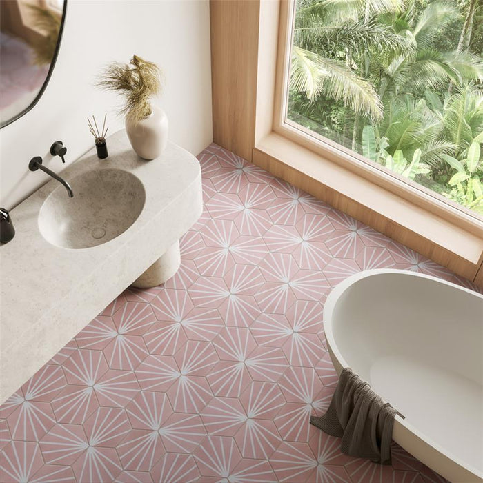 SomerTile - Horizon Collection -  7 3/4 in. x 9 in. - Hexagon Porcelain Tile - Dusk Rosa Room scene