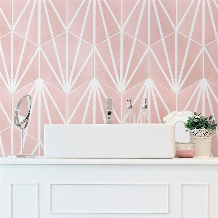 SomerTile - Horizon Collection -  7 3/4 in. x 9 in. - Hexagon Porcelain Tile - Dusk Rosa Room scene 3