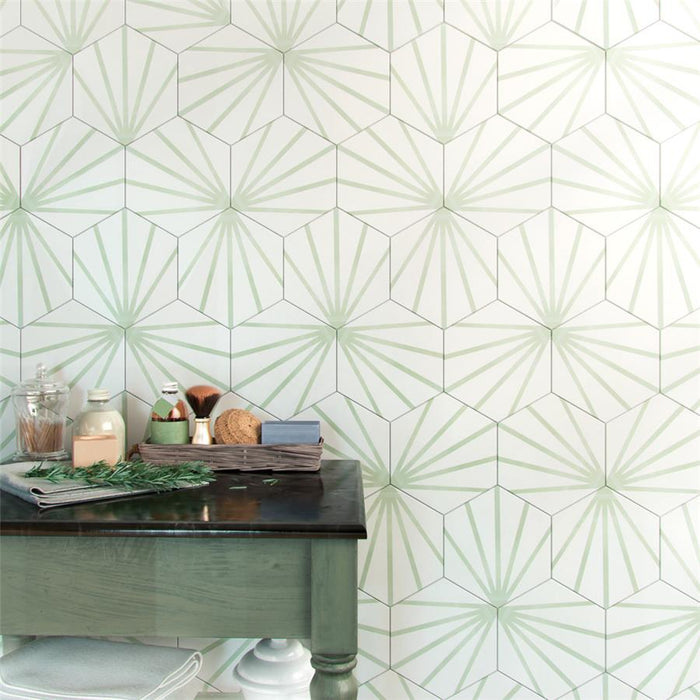 SomerTile - Horizon Collection -  7 3/4 in. x 9 in. - Hexagon Porcelain Tile - Dawn Verde Room Scene