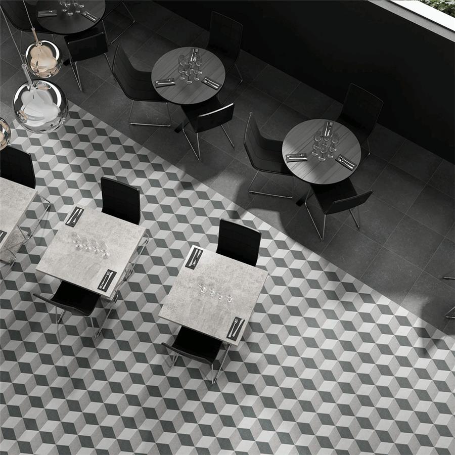 SomerTile - Traffic 9&quot; x 10&quot; Porcelain Hex Tile - 3D Grey floor installation