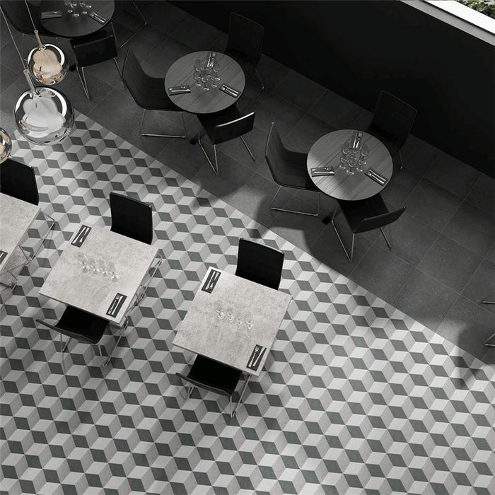 SomerTile - Traffic 9" x 10" Porcelain Hex Tile - 3D Grey floor installation