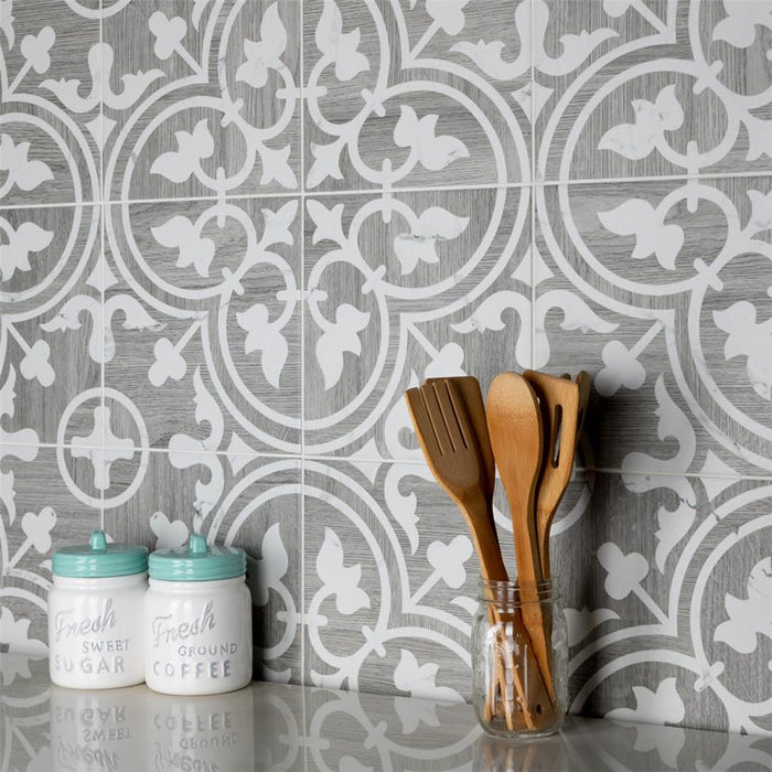 SomerTile - Llama Arte Loire 10" x 10" Porcelain Tile - Verso Silver Smoke wall installation