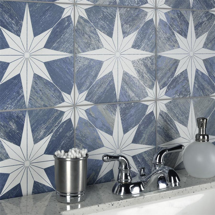 SomerTile - Cassis Stella 10" x 10" Porcelain Tile - Blue Day wall installation