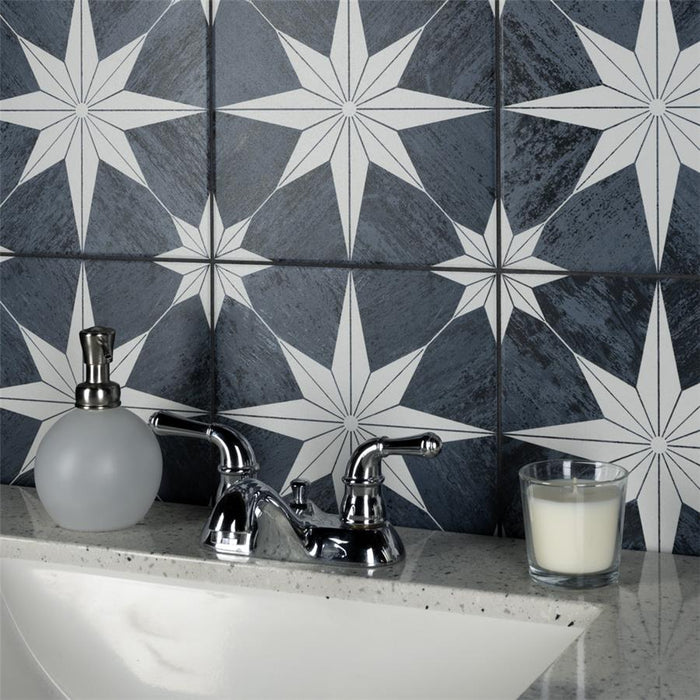 SomerTile - Cassis Stella 10" x 10" Porcelain Tile - Black Night wall installation