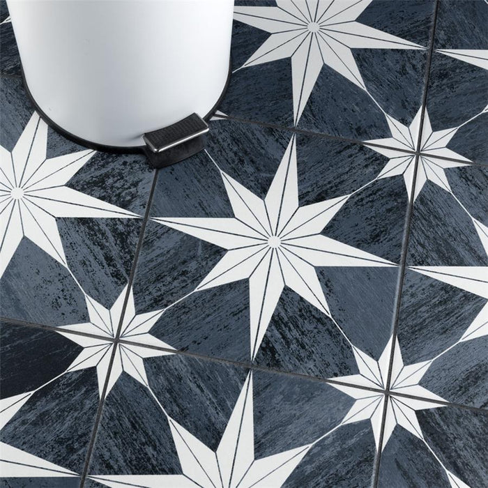 SomerTile - Cassis Stella 10" x 10" Porcelain Tile - Black Night floor installation