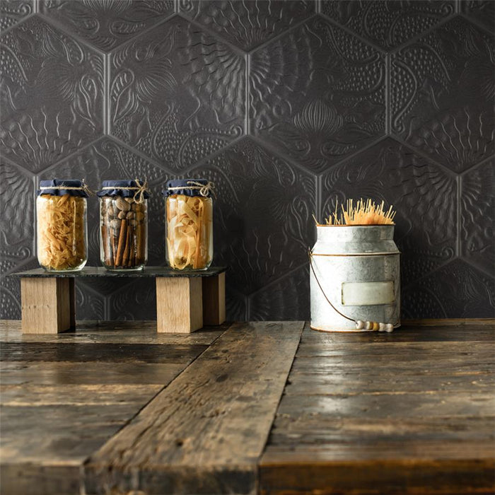 SomerTile - Gaudi 9" x 10" Porcelain Hex Tile - Black wall installation