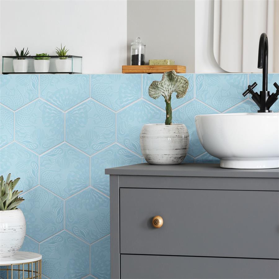 SomerTile - Gaudi Lux 9&quot; x 10&quot; Porcelain Hex Tile - Aqua wall installation