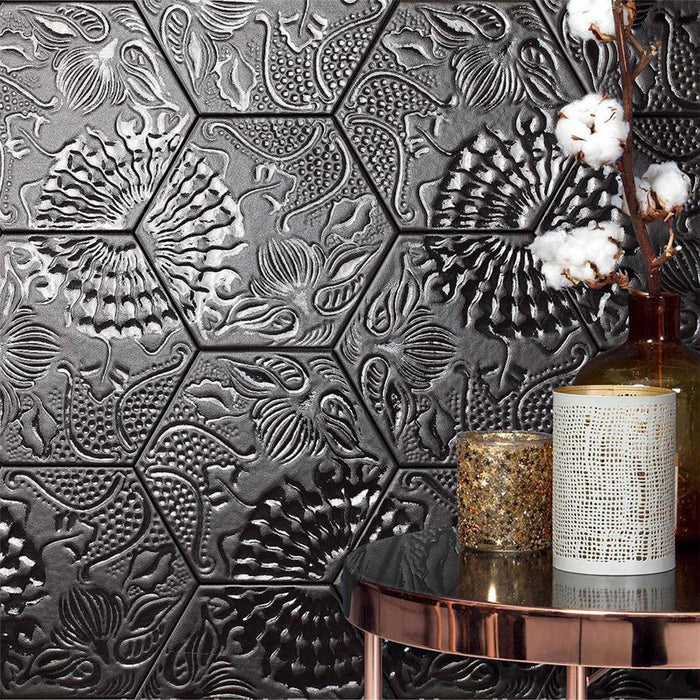 SomerTile - Gaudi Lux 9" x 10" Porcelain Hex Tile - Black wall installation