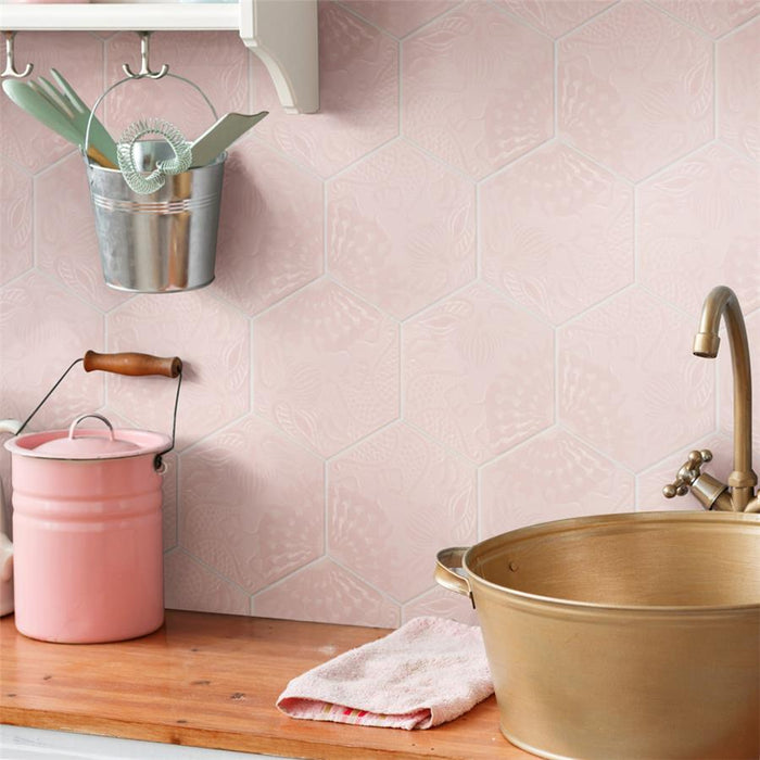 SomerTile - Gaudi Lux 9" x 10" Porcelain Hex Tile - Rose wall installation