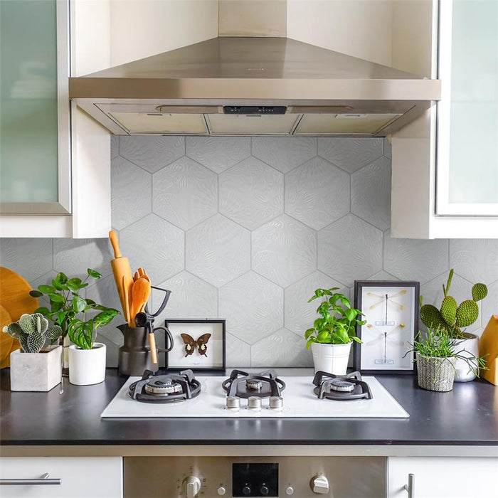 SomerTile - Gaudi Lux 9" x 10" Porcelain Hex Tile - White wall installation
