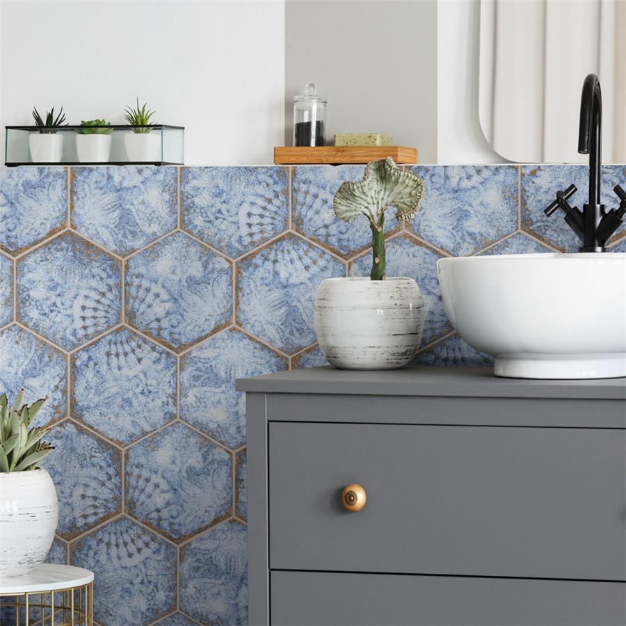 SomerTile - Gaudi React 9&quot; x 10&quot; Porcelain Hex Tile - Marina wall installation