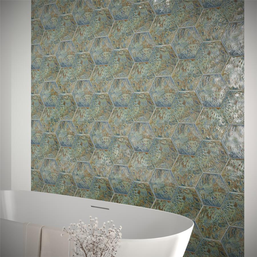 SomerTile - Gaudi React 9&quot; x 10&quot; Porcelain Hex Tile - Ocean wall installation