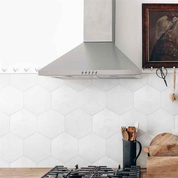 SomerTile - Gaudi 9" x 10" Porcelain Hex Tile - White wall installation