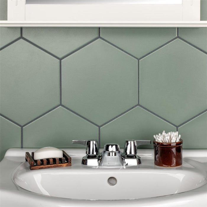 SomerTile - Textile Basic 9" x 10" Porcelain Hex Tile - Kale wall installation