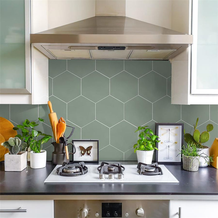 SomerTile - Textile Basic 9" x 10" Porcelain Hex Tile - Kale wall installation
