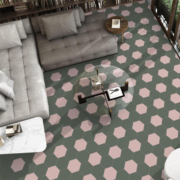 SomerTile - Textile Basic 9" x 10" Porcelain Hex Tile - Rose floor installation