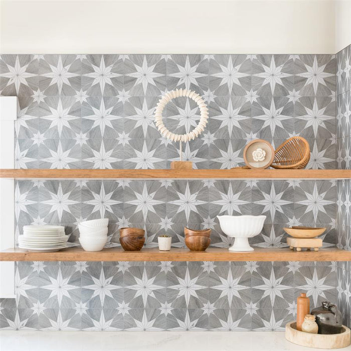 SomerTile - Llama Stella Loire 10" x 10" Porcelain Tile - Verso Silver Smoke wall installation