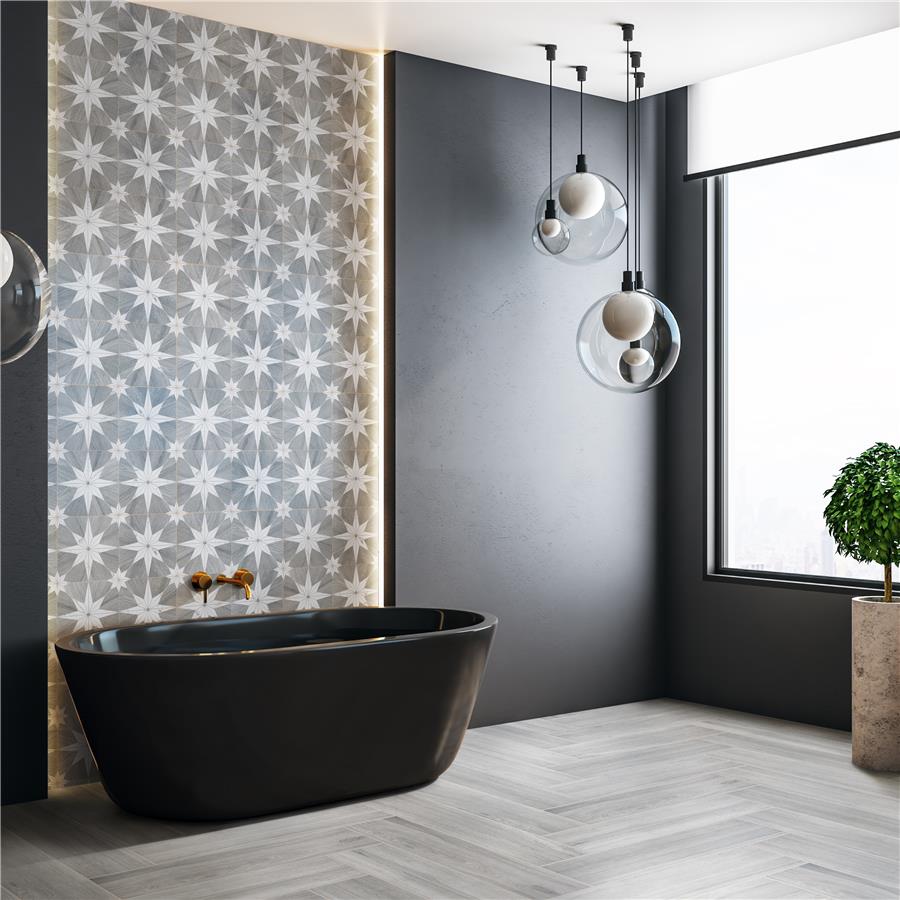 SomerTile - Llama Stella Loire 10&quot; x 10&quot; Porcelain Tile - Verso Silver Smoke wall installation