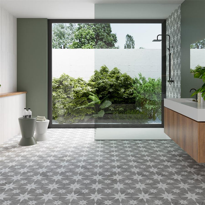 SomerTile - Llama Stella Loire 10" x 10" Porcelain Tile - Verso Silver Smoke floor and wall installation