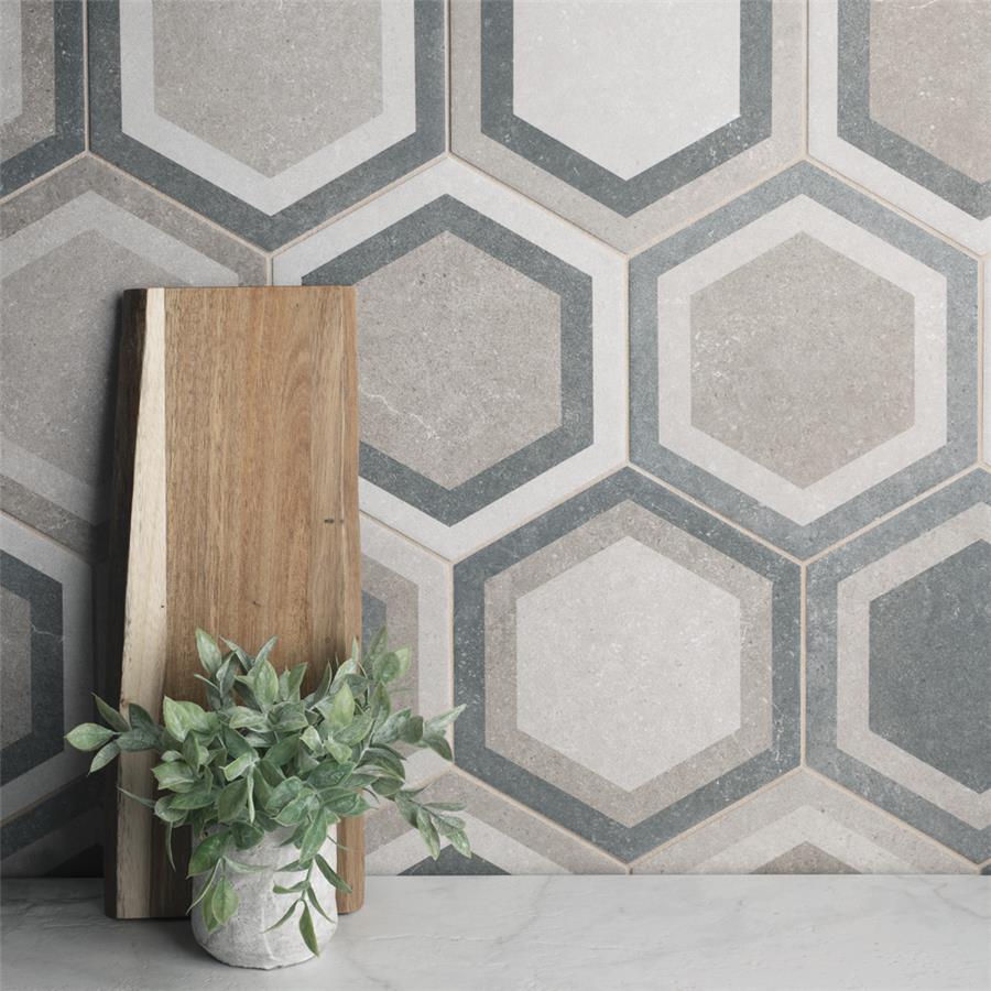 SomerTile - Traffic 9&quot; x 10&quot; Porcelain Hex Tile - Combi Grey wall installation