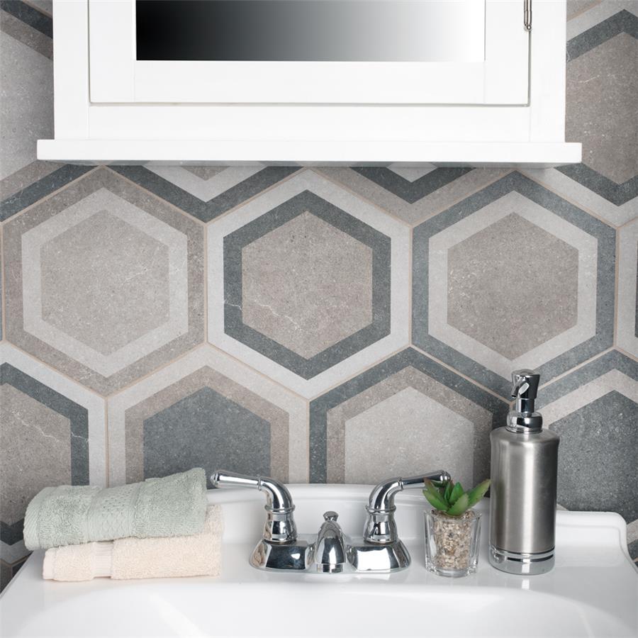 SomerTile - Traffic 9&quot; x 10&quot; Porcelain Hex Tile - Combi Grey wall installation