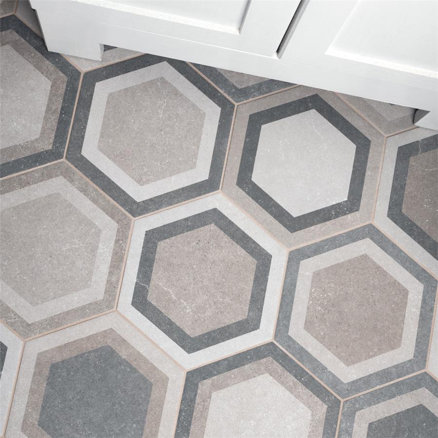 SomerTile - Traffic 9&quot; x 10&quot; Porcelain Hex Tile - Combi Grey floor installation