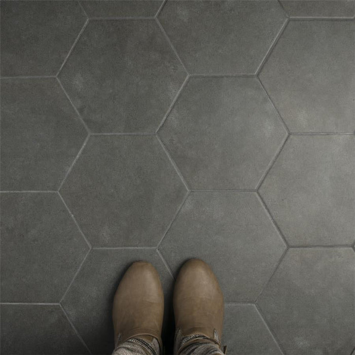 SomerTile - Vintage 9" x 10" Porcelain Hex Tile - Marengo floor installation