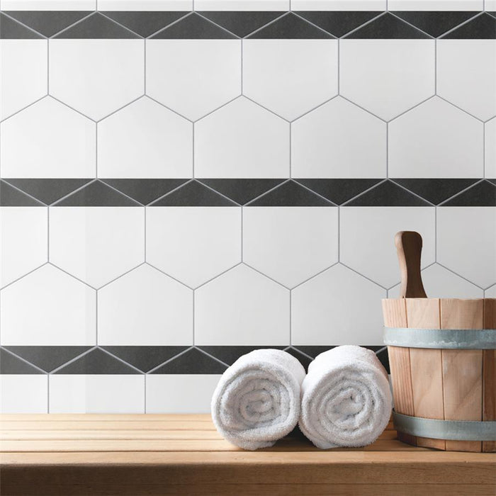 SomerTile - Peak 9" x 10" Porcelain Hex Tile - Nero wall installation