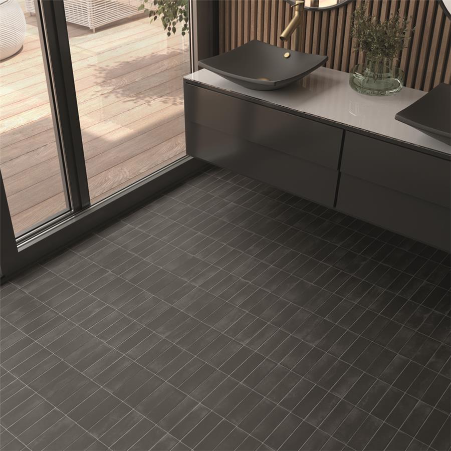 SomerTile - Coco 2 in. x 6 in. Matte Porcelain Tile - Black Hat floor installation