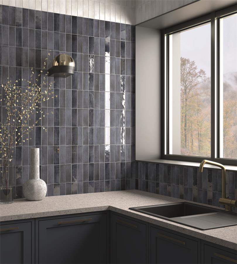 SomerTile - Coco 2 in. x 6 in. Matte Porcelain Tile - Blue Night wall installation