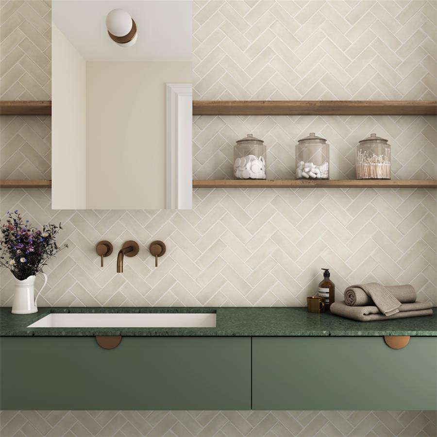 SomerTile - Coco 2 in. x 6 in. Matte Porcelain Tile - Canvas Beige wall installation