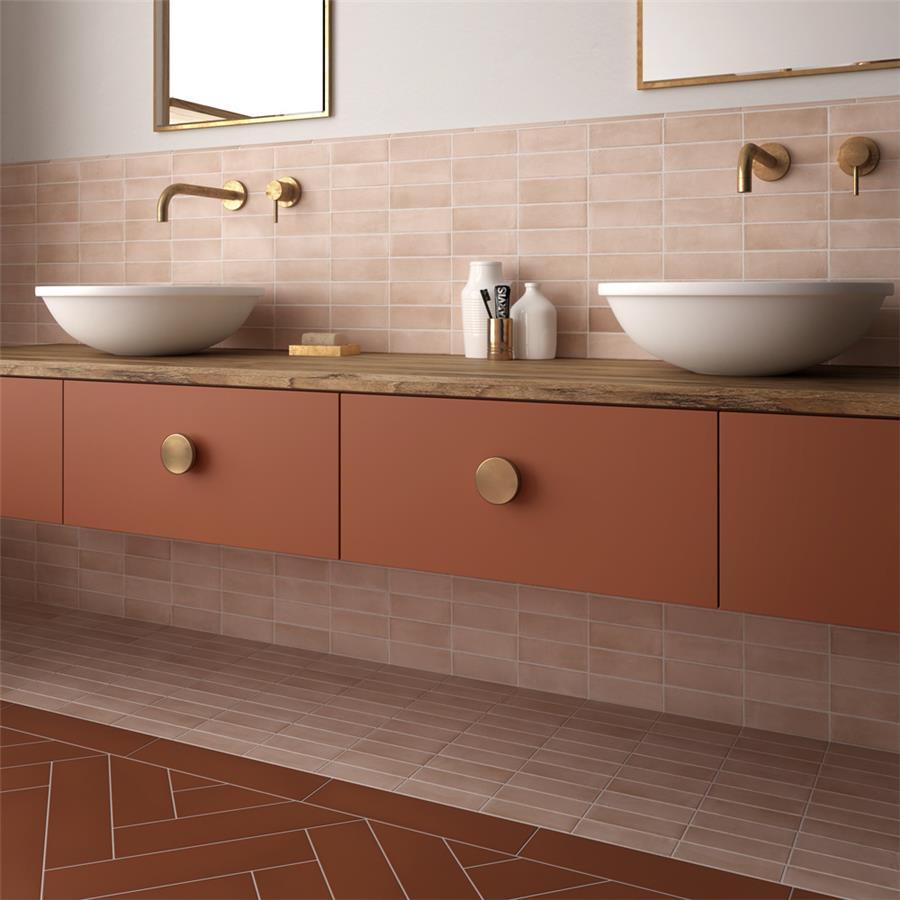 SomerTile - Coco 2 in. x 6 in. Matte Porcelain Tile - Orchard Pink wall and floor installation