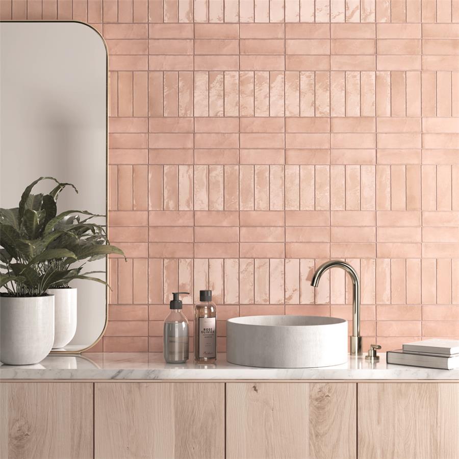 SomerTile - Coco 2 in. x 6 in. Matte Porcelain Tile - Orchard Pink wall installation