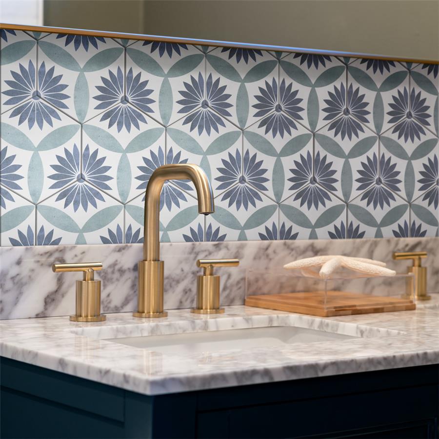 SomerTile - Coco 7 in. x 8 in. Matte Hex Porcelain Tile - Camellia Blue wall installation