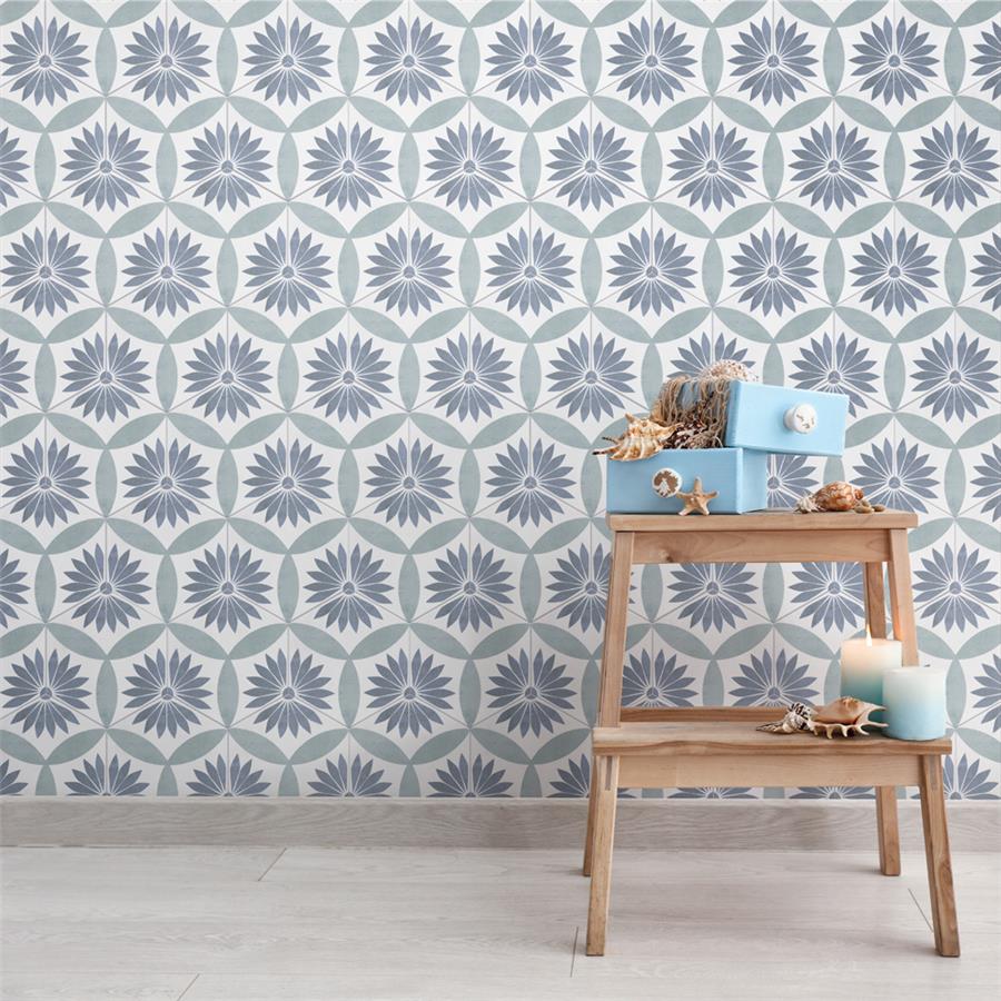 SomerTile - Coco 7 in. x 8 in. Matte Hex Porcelain Tile - Camellia Blue wall installation