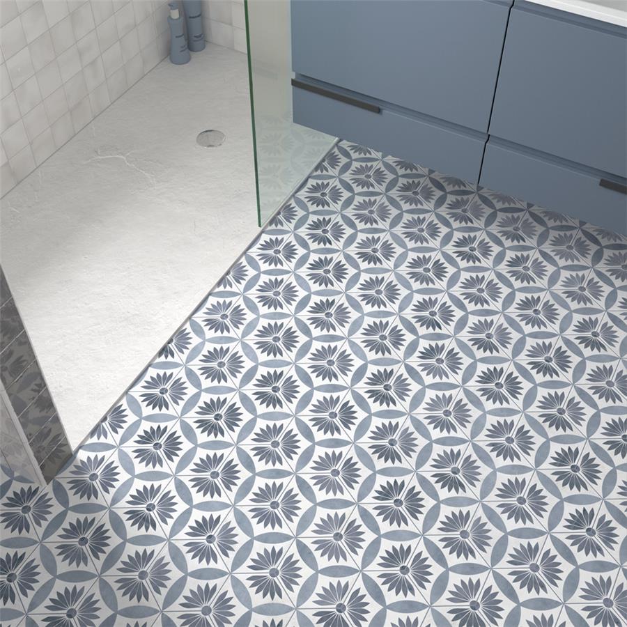 SomerTile - Coco 7 in. x 8 in. Matte Hex Porcelain Tile - Camellia Blue floor installation