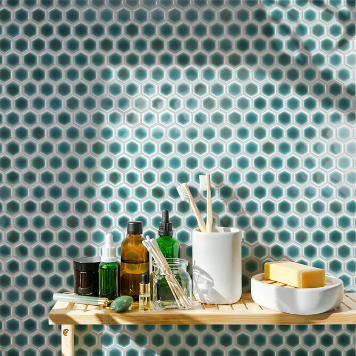 SomerTile - Hudson Due 1" Hex Mosaic - Emerald wall installation