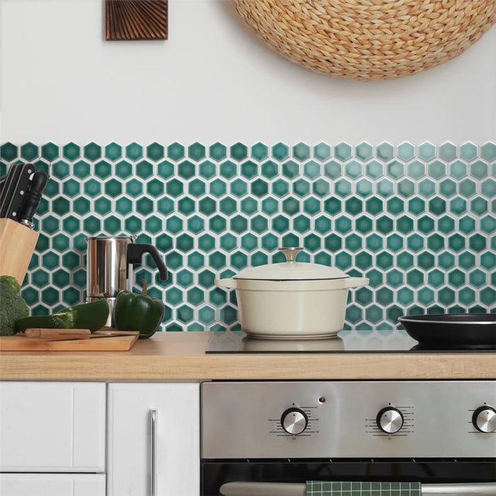 SomerTile - Hudson Due 2" Hex Mosaic - Emerald wall installation