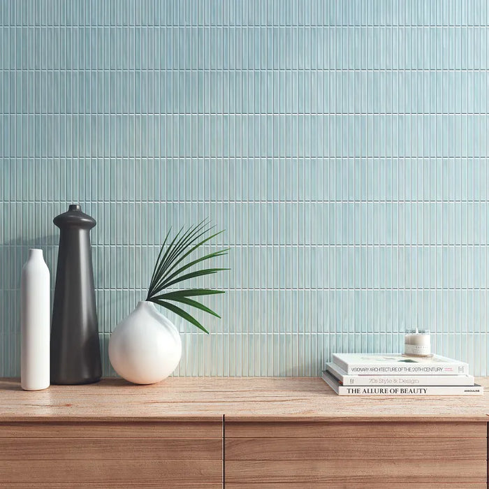 Arizona Tile - Flash Bars 5x10 Glossy Ceramic Mosaic - Light Blue wall installation