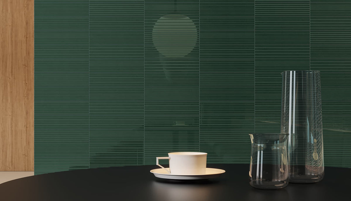 Anatolia - Geometra - 3 in. x 12 in. - Ceramic Wall Tile - Glossy Divide - Emerald Installed