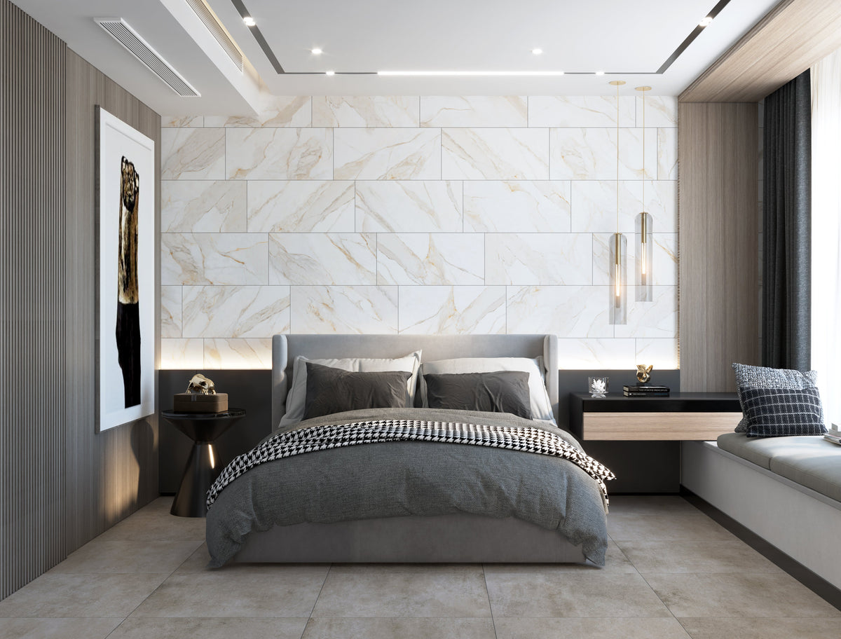 Tesoro - Icaro Series - 14 in. x 28 in. Polished Rectified Porcelain Tile - Calacatta Oro wall installation