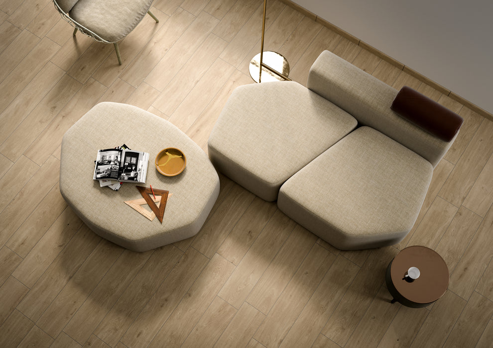 Moma Ceramiche - Oak - 8" x 36" Wood Look Porcelain Tile - Blonde Installed2