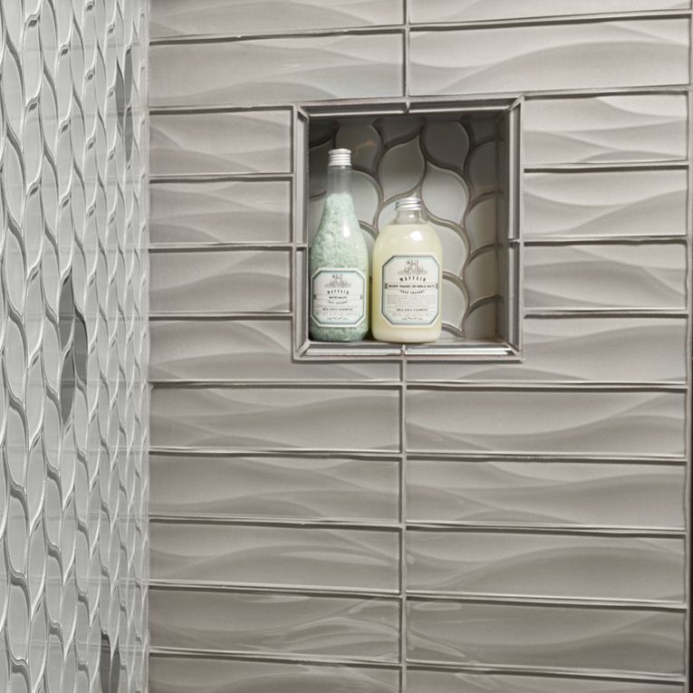 Arizona Tile - Dunes Series - 3&quot; x 12&quot; Wave Glass Tile - Pewter shower wall installation