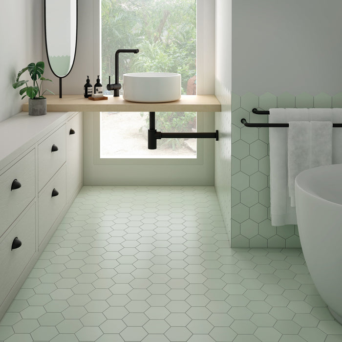 Mosaic & Tile Depot - Kromatica 4.5" x 4" Porcelain Hex Tile - Mint floor and wall installation